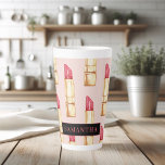 Modern Pink & Red Lipstick Pattern Girly With Name Latte Mug<br><div class="desc">Modern Pink & Red Lipstick Pattern Girly With Name</div>