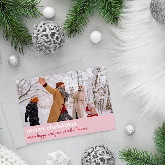 Modern Pink Red Merry Christmas Wide Photo Holiday Card (Creator Uploaded)