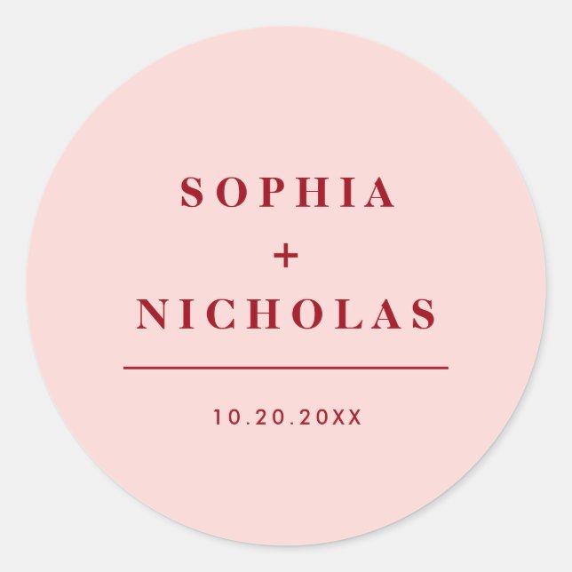 Modern Pink & Red Minimal Elegant Wedding Classic Round Sticker (Front)