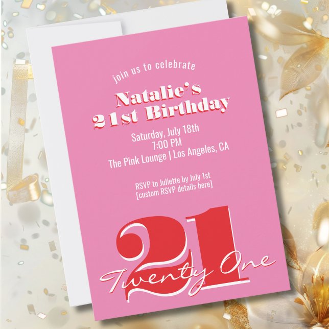 Modern Pink Red Minimalist 21st Birthday Invitation (Creator Uploaded)