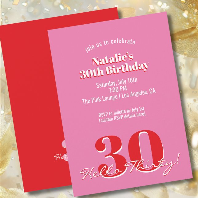 Modern Pink Red Minimalist 30th Birthday Invitation (Creator Uploaded)
