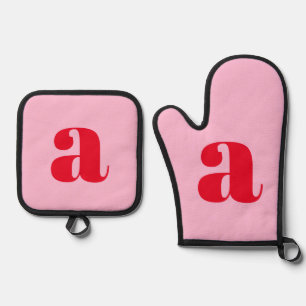 Modern Pink Red Monogram Initial Personalised Oven Mitt & Pot Holder Set