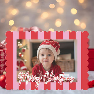 Modern Pink & Red Striped Photo Merry Christmas Holiday Card