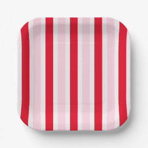 Modern Pink Red Stripes Christmas Paper Plate