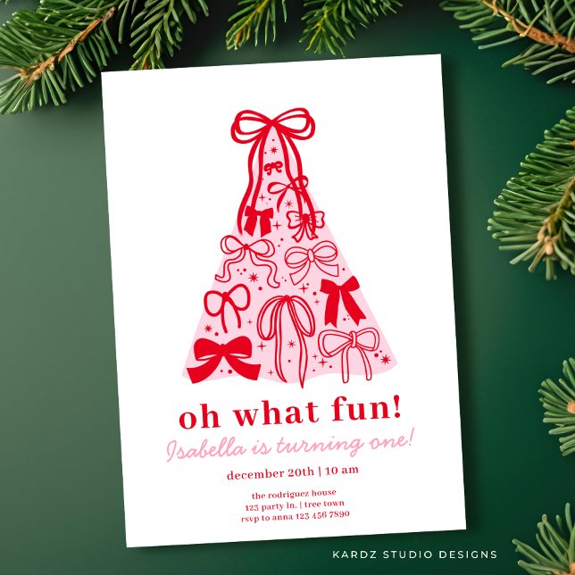 Modern Pink & Red Tree Bow 1st Birthday Invitation (Invite shown in 5 x 7 inches, choose size, paper and corner style.)