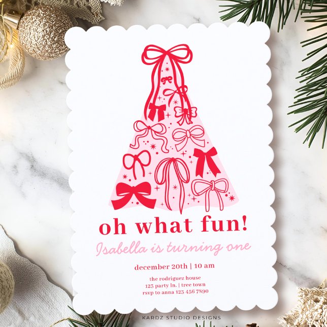 Modern Pink Red Tree Bow 1st Birthday Invitation (Invitation shown in 5 x 7 inches with a scallop frame. Personalize and choose paper and corner style)