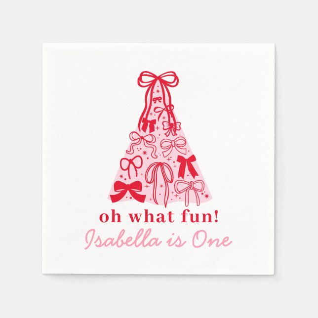Modern Pink Red Tree Bow 1st Birthday Napkin (Front)