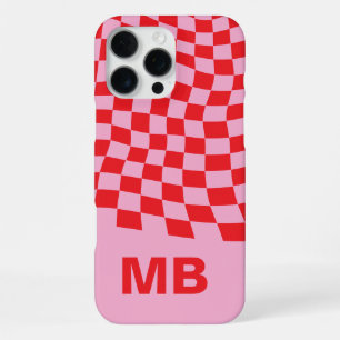 Modern Pink Red Wavy Chequered Pattern Monogram iPhone 16 Pro Max Case
