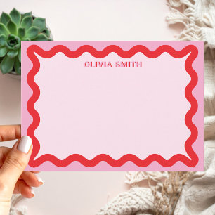 Modern Pink Red Wavy Line Border Monogram Name Card