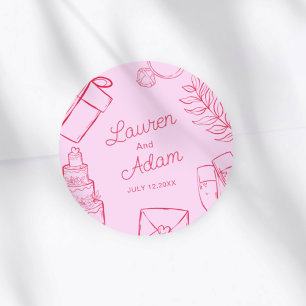 Modern Pink & Red Wedding sketch Favor Classic Round Sticker