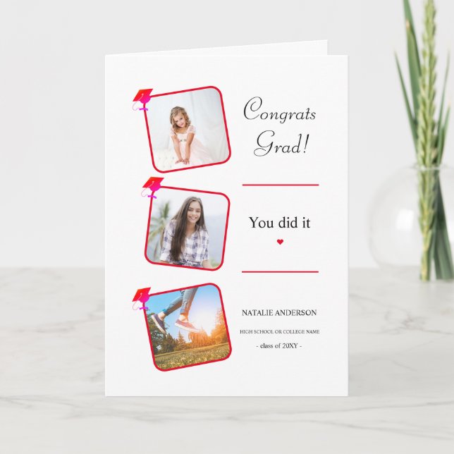 Modern Pink Red White Graduation Congratulation Card (Front)