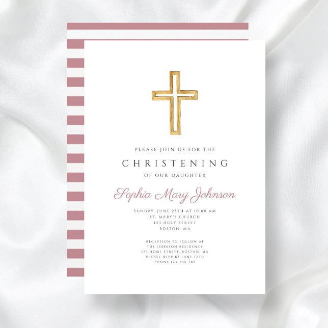 Modern Pink Religious Cross Christening Invitation (Modern Pink Religious Cross Christening Invitation)