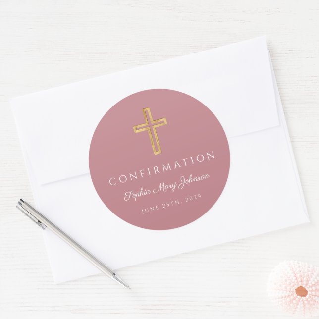 Modern Pink Religious Cross Girl Confirmation Classic Round Sticker (Envelope)