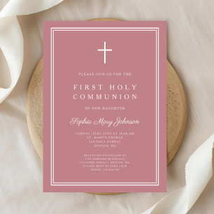 Modern Pink Religious Cross Girl First Communion Invitation