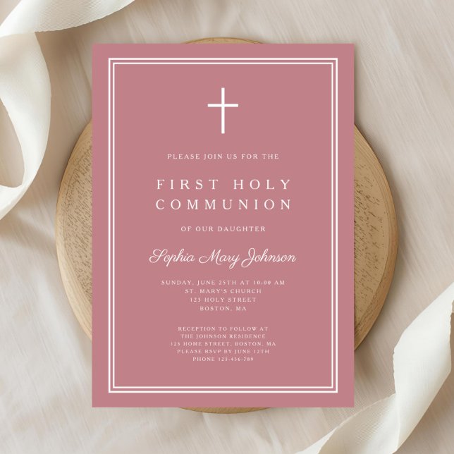Modern Pink Religious Cross Girl First Communion Invitation (Modern Pink Religious Cross Girl First Communion Invitation)