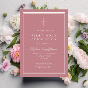 Modern Pink Religious Cross Girl First Communion Invitation