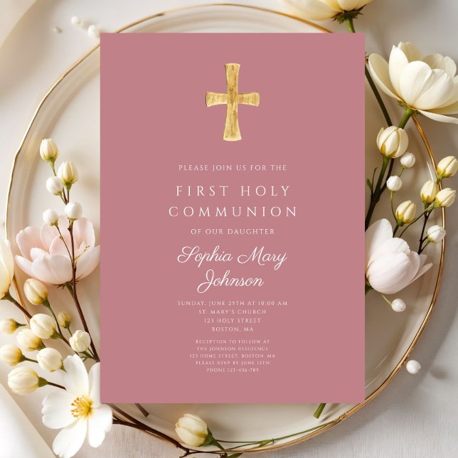 Modern Pink Religious Cross Girl First Communion Invitation (Modern Pink Religious Cross Girl First Communion Invitation)