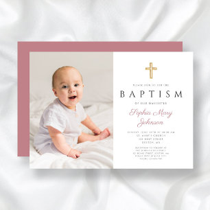 Modern Pink Religious Cross Girl Photo Baptism Invitation