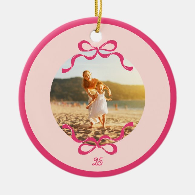 Modern Pink Retro Bows Trendy Christmas photo Ceramic Tree Decoration (Front)