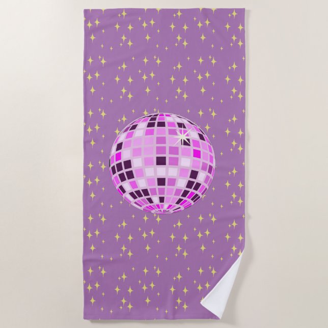Modern Pink Retro Disco Ball Purple Beach Towel (Front)