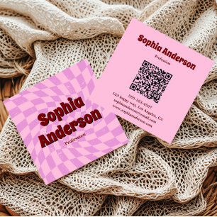 Modern Pink Retro Swirl Trendy QR Code Square Business Card