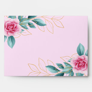 Modern Pink Rose and green and gold foliage Envelope