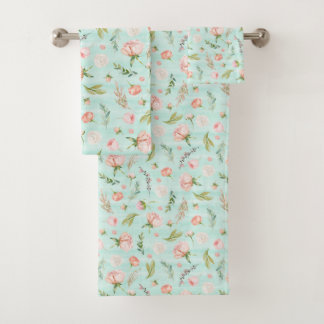 Modern Pink Rose Bud Mint Stripe Pattern Bath Towel Set