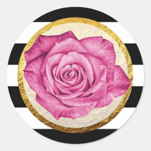 Modern Pink Rose Faux Gold Foil Striped Wedding Classic Round Sticker