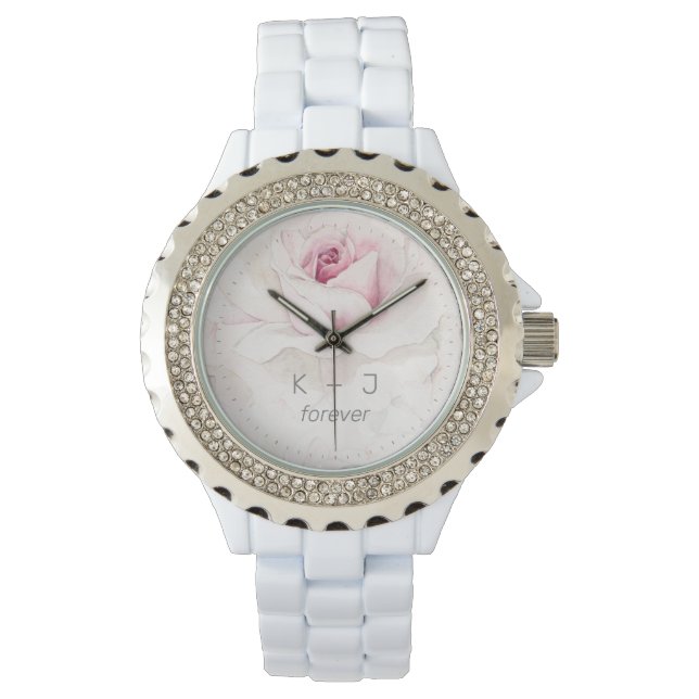 Modern Pink Rose Floral Bride Groom Monogram  Watch (Front)