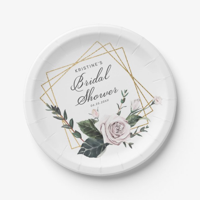 Modern Pink Rose Floral Gold Frame Bridal Shower Paper Plate (Front)