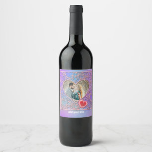 Modern Pink Rose Floral Heart Romantic Valentines Wine Label