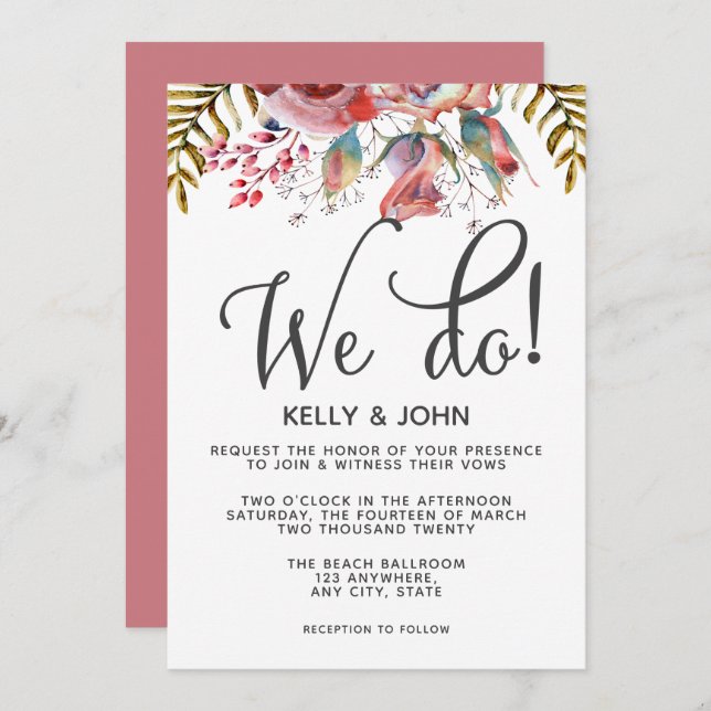 Modern Pink Rose Floral We Do Wedding Invitation (Front/Back)