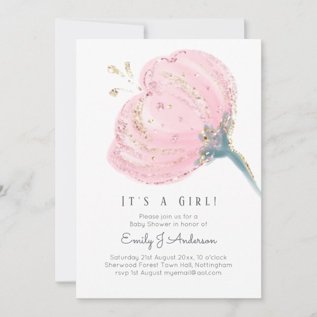 Modern Pink Rose Glitter Its A Girl Baby Shower Invitation (Front)
