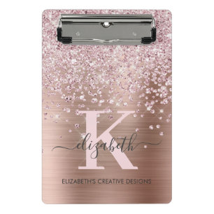 Modern Pink Rose Gold Diamond Glitter Monogrammed Mini Clipboard