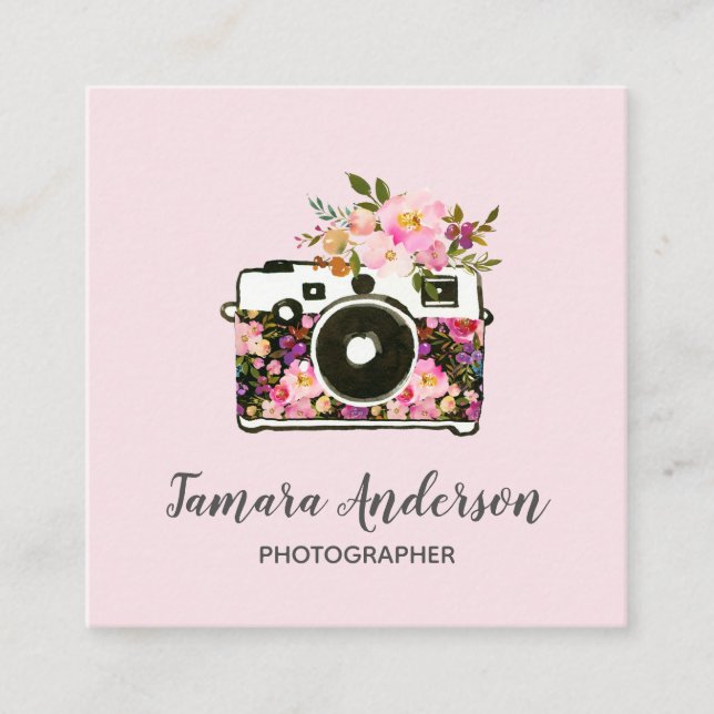 Modern Pink Rose Gold Floral Camera Photographer Square Business Card (Front)