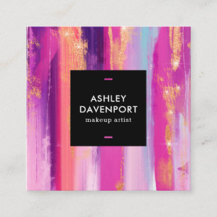 Modern pink rose gold glitter brushstrokes makeup square business card