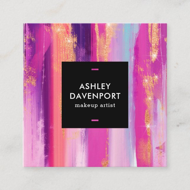 Modern pink rose gold glitter brushstrokes makeup square business card (Front)