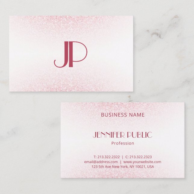 Modern Pink Rose Gold Glitter Monogram Template Business Card (Front/Back)