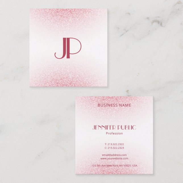 Modern Pink Rose Gold Glitter Monogram Template Square Business Card (Front/Back)