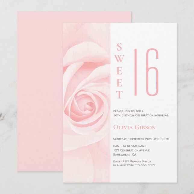 Modern Pink Rose Sweet 16 Birthday Party Invitation (Front/Back)