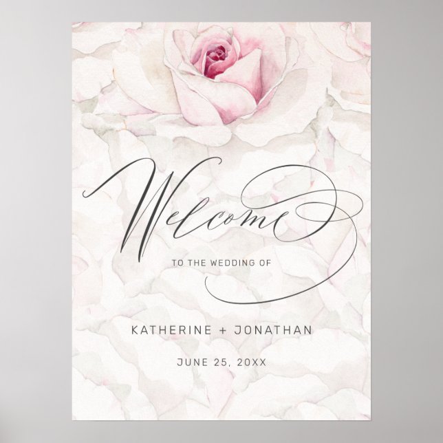 Modern Pink Rose Watercolor Floral Wedding Welcome Poster (Front)