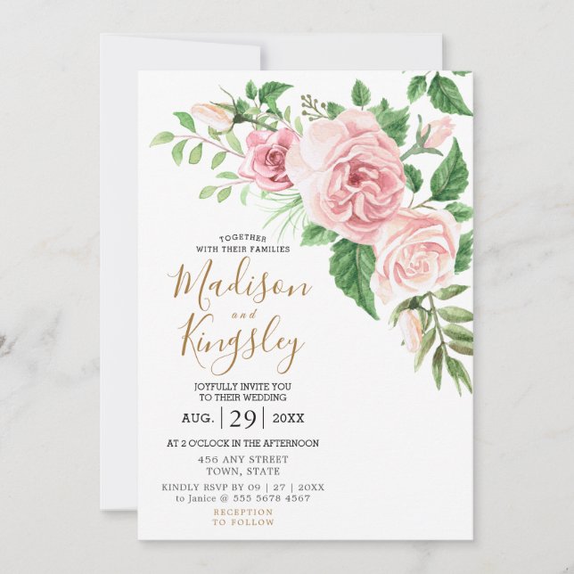 Modern Pink Rose Watercolor Wedding Invitation (Front)