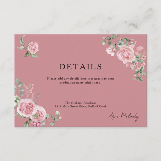 Modern Pink Roses Details Graduation Enclosure Card (Front)