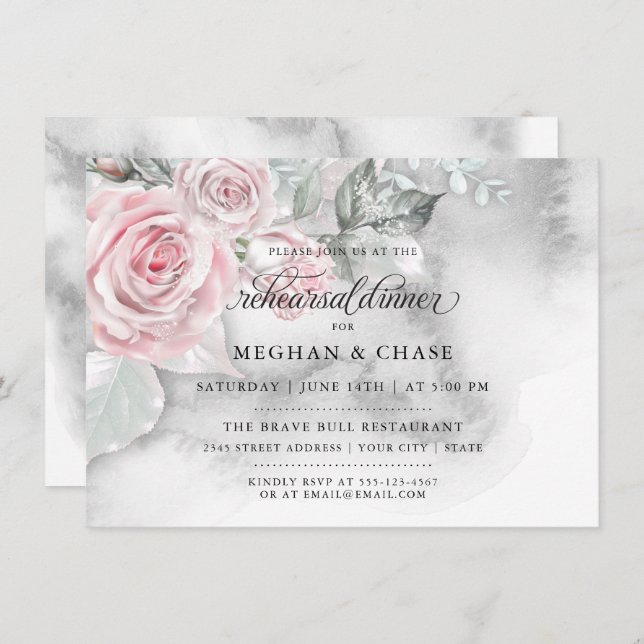 Modern Pink Roses Grey Watercolor BarefootBride™ Invitation (Front/Back)