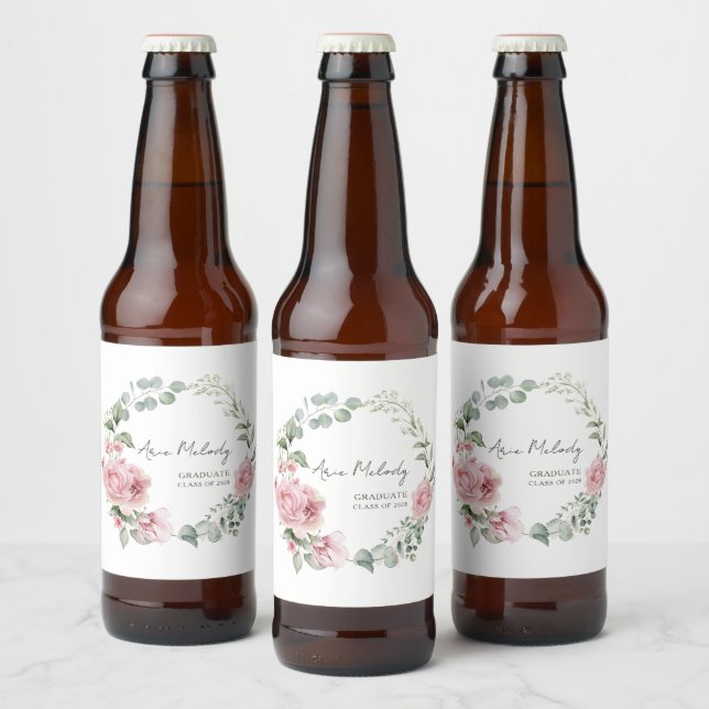 Modern Pink Roses Script Class of Graduation Beer Bottle Label (Bottles)
