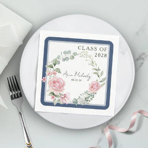 Modern Pink Roses Script Class of Graduation Napkin