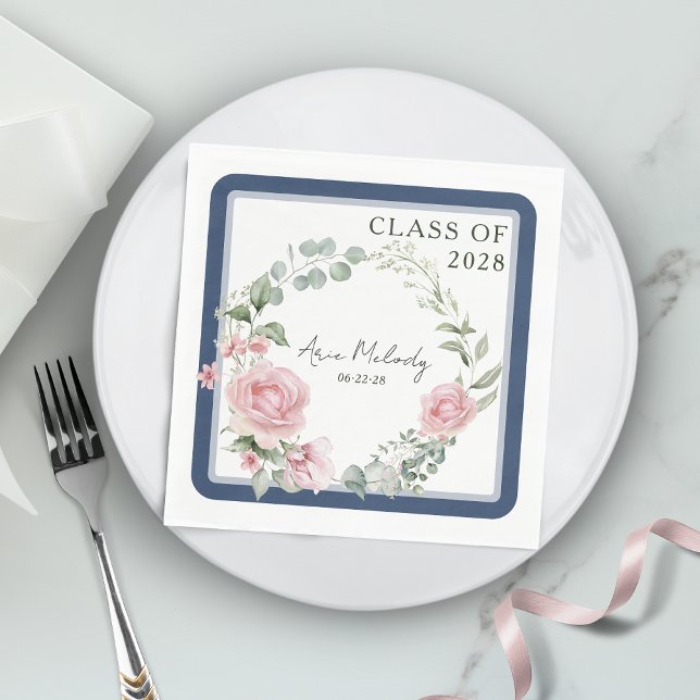 Modern Pink Roses Script Class of Graduation Napkin (Creator Uploaded)