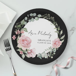 Modern Pink Roses Script Class of Graduation Paper Plate