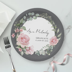 Modern Pink Roses Script Class of Graduation Paper Plate