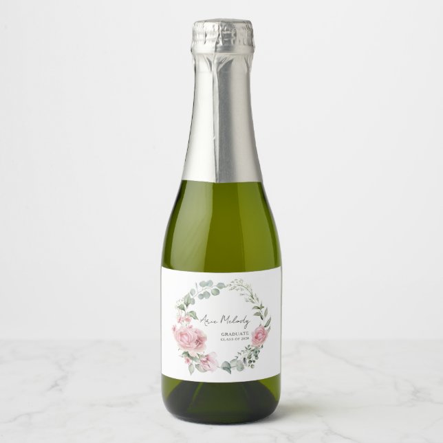 Modern Pink Roses Script Class of Graduation Sparkling Wine Label (Front)